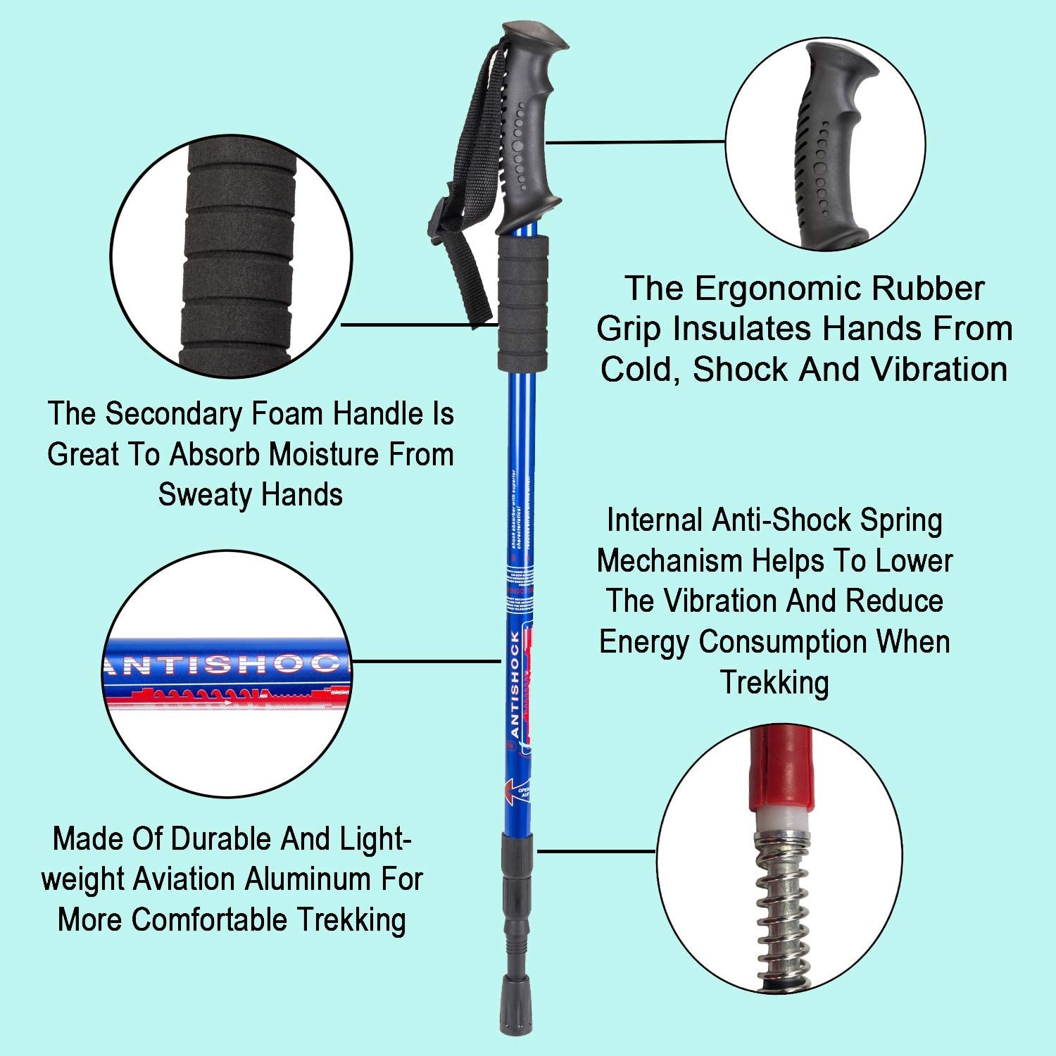 Rexmon Trekking Poles, Collapsible Lightweight Shock-Absorbent Hiking Walking Sticks Adjustable Aluminum Hiking Poles for Women Men Kids, 2 Pack(Blue)
