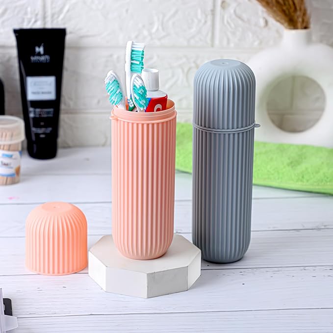 Zollyss 2Pc Capsule Shape Travel Toothbrush Toothpaste Case Holder Portable Toothbrush Storage Plastic Toothbrush Holder , Multi-coloured