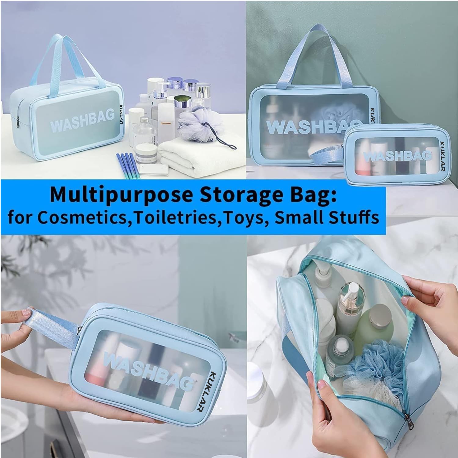 KUKLAR Wash Bag Pouch for Travel Kit Toiletry Bag Cosmetic Bag Make Up Box for Brushes Accessories with Handle Large Capacity Translucent Waterproof Travel Storage