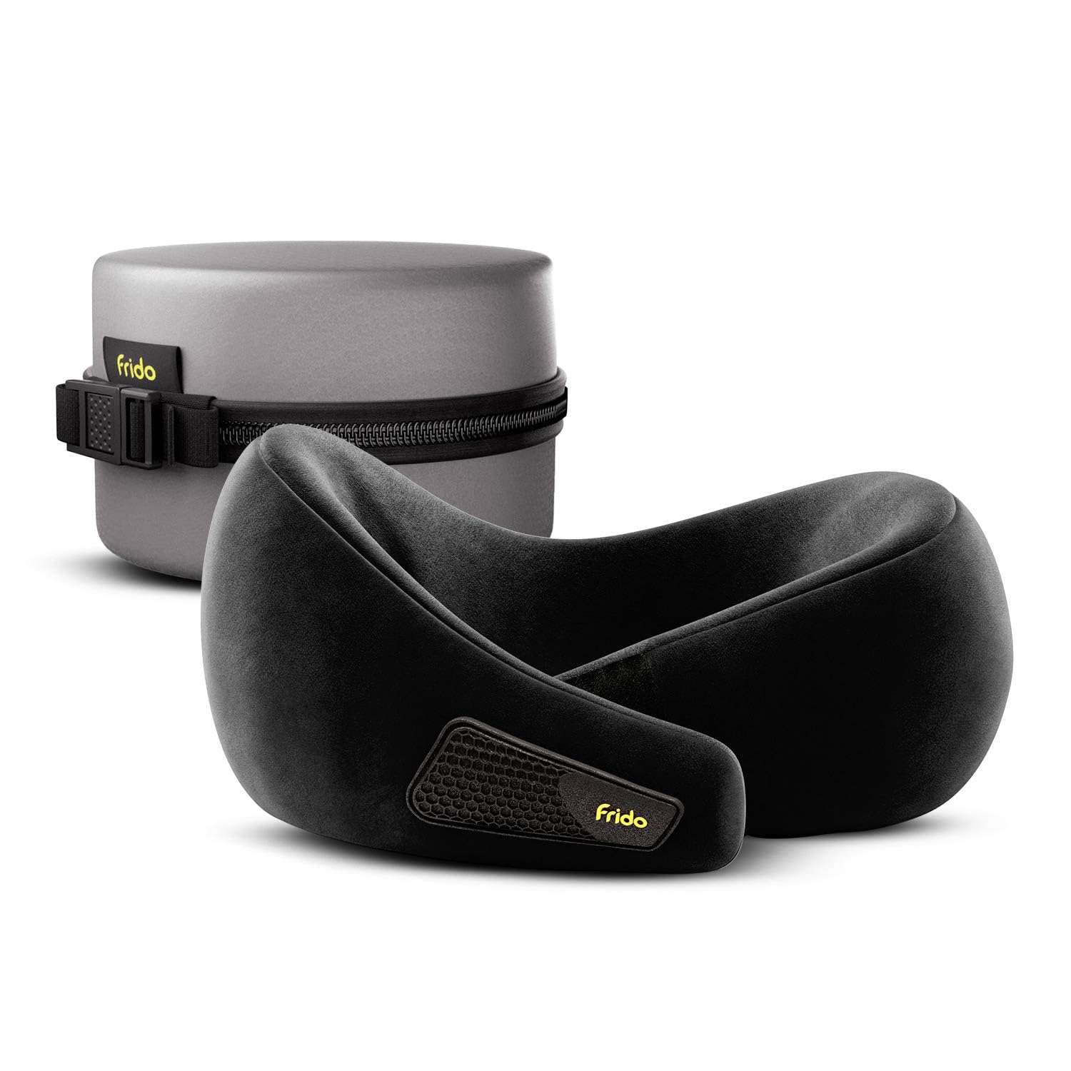 Frido Travel Neck Pillow, 100% Hi-Per Foam, Lightweight Neck Support Pillow, Neck Pillow for Flight Travel, Memory Foam, Adjustable Velcro Straps, Free Travel Pouch