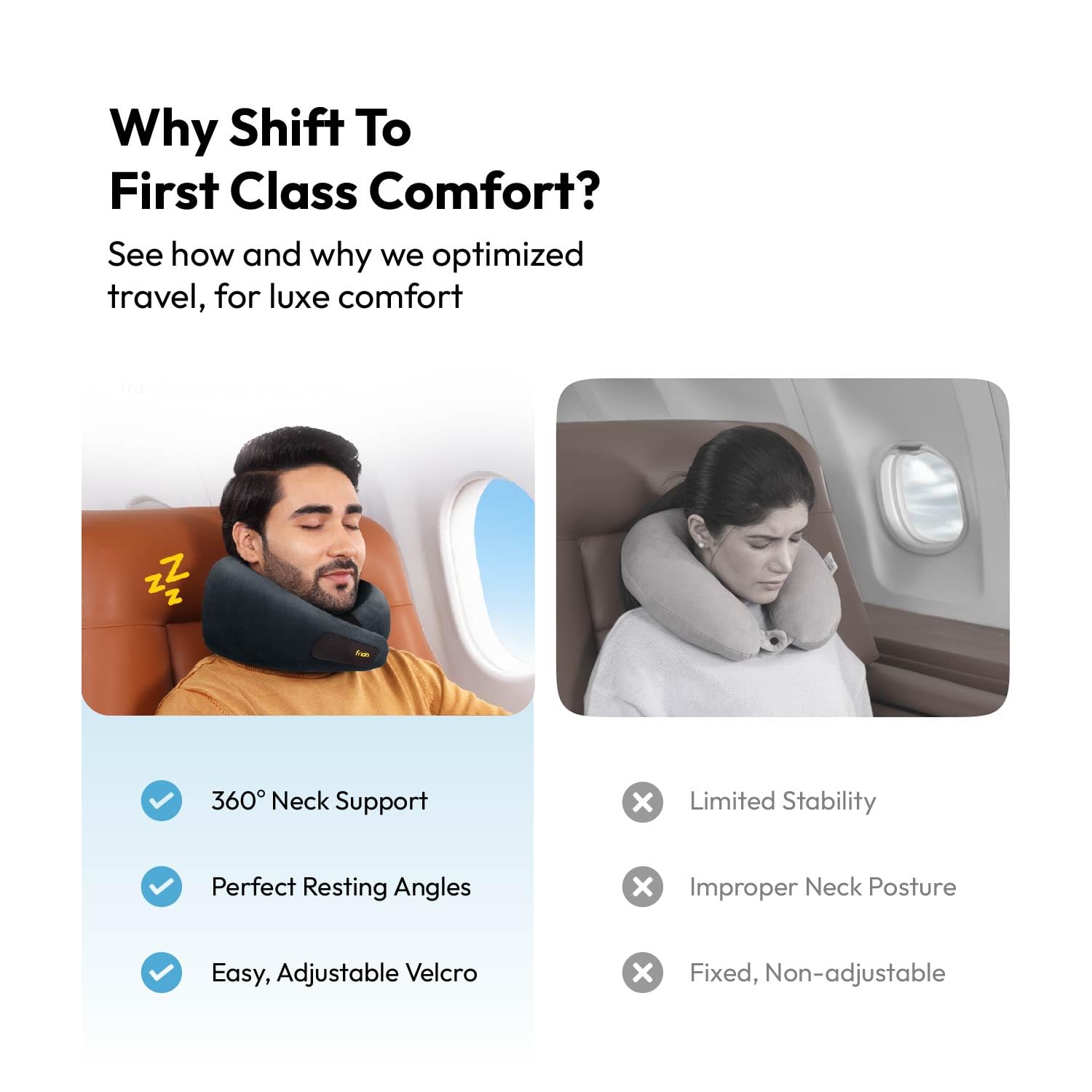 Frido Travel Neck Pillow, 100% Hi-Per Foam, Lightweight Neck Support Pillow, Neck Pillow for Flight Travel, Memory Foam, Adjustable Velcro Straps, Free Travel Pouch