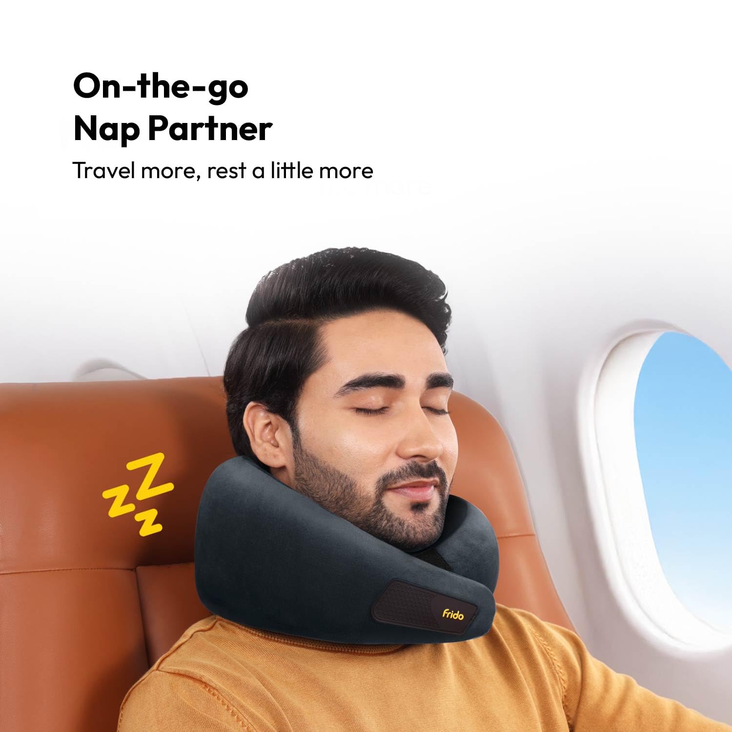 Frido Travel Neck Pillow, 100% Hi-Per Foam, Lightweight Neck Support Pillow, Neck Pillow for Flight Travel, Memory Foam, Adjustable Velcro Straps, Free Travel Pouch